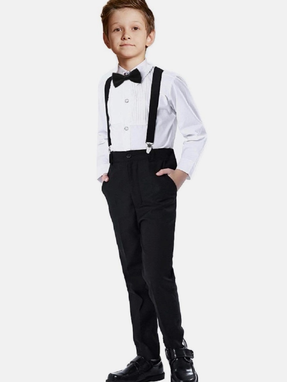 SHEIN Black & White Boys Dress Set With Suspenders. Size 6Y